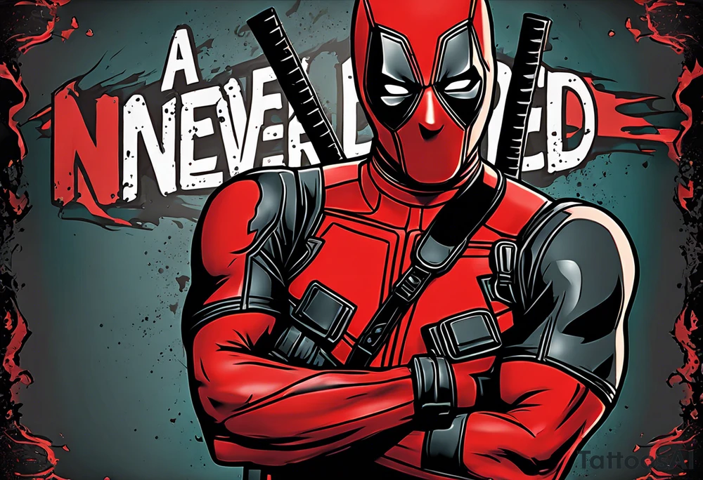 Banner with Text: A worn, dark banner wraps around Deadpool with the phrase "NEVER DEAD" in bold, cracked letters that give a strong and aggressive impression. The banner has small torn details, as if it’s been through rough conditions, with shading that adds depths. tattoo idea