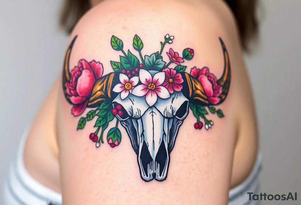 Buffalo or bison skull with flowers. Peony, snowdrop, holly with berries, larkspur, peony. Colour. For upper arm or shoulder. Masculin. tattoo idea