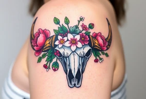 Buffalo or bison skull with flowers. Peony, snowdrop, holly with berries, larkspur, peony. Colour. For upper arm or shoulder. Masculin. tattoo idea