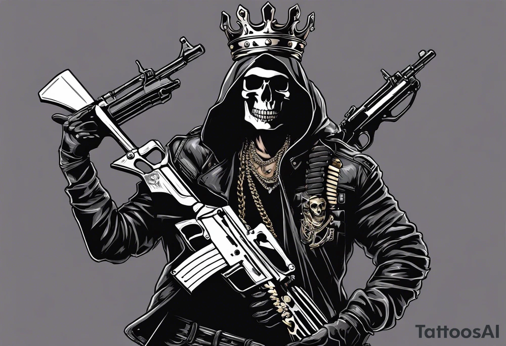 image of a skeleton standing frontally with a crown on his head, holding an AK-47 on his shoulder with his right hand. The chain on the left should be taut, there are three angry barking Dobermans in it, near the waist tattoo idea