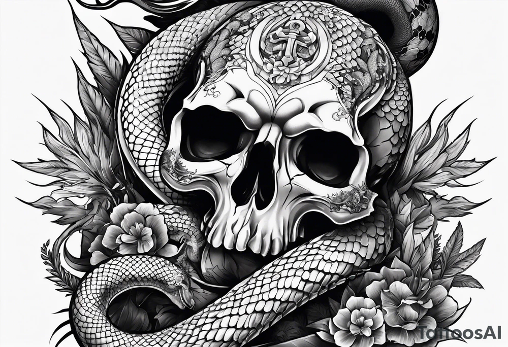 sleeve tattoo with a hydra snake, gun, skull, weed symbol tattoo idea