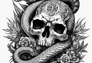 sleeve tattoo with a hydra snake, gun, skull, weed symbol tattoo idea