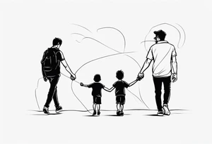 father and son walk away holding hands, one line tattoo idea