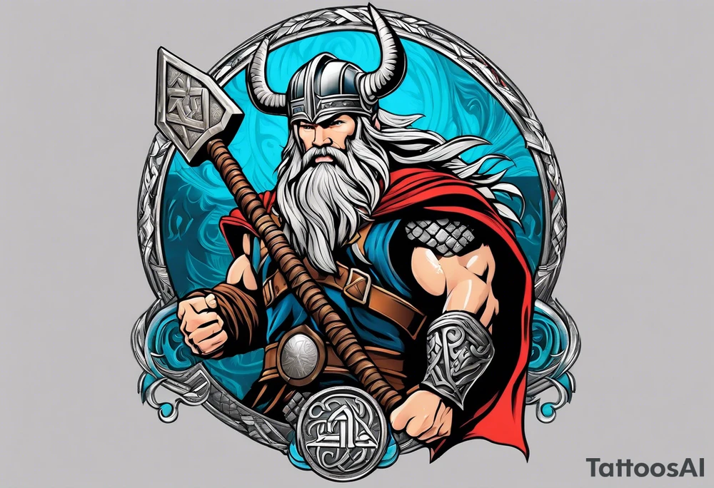 Thor in color with him holding mjolnir and a vignette of viking rune design tattoo idea