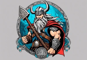 Thor in color with him holding mjolnir and a vignette of viking rune design tattoo idea