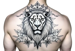 powerful majestic lion with a crown, surrounded by floral ornaments and birds tattoo idea