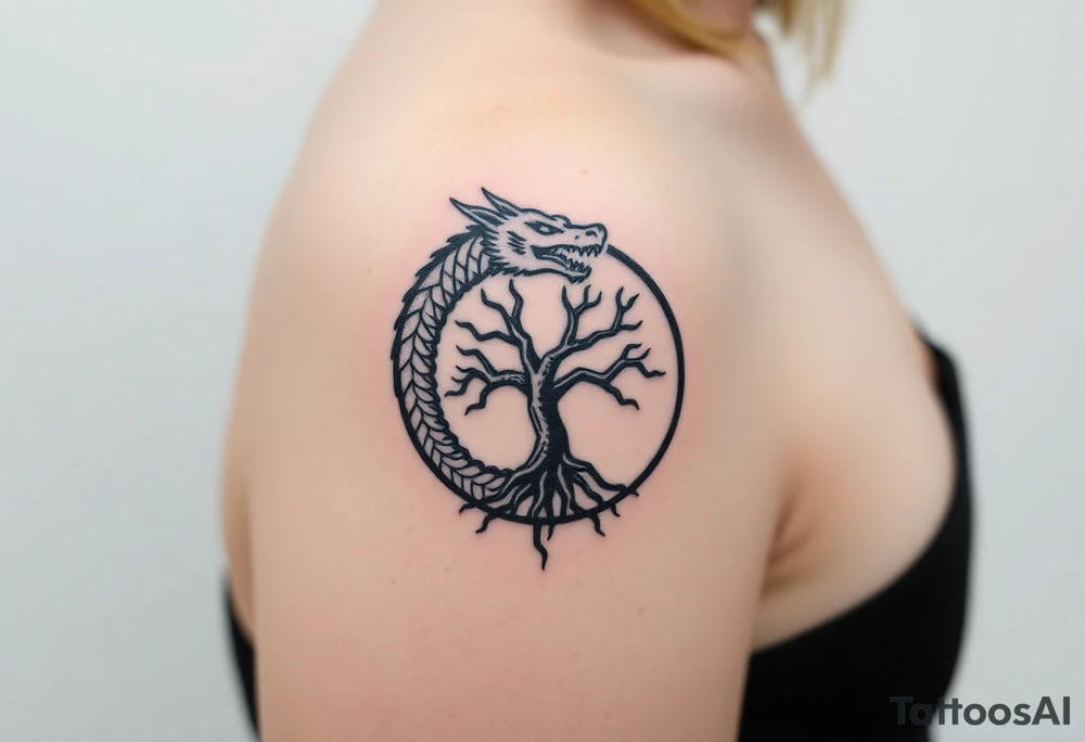 a dragon forming a circle with its body.  the dragon encircles the tree of life.  the dragon is eating the tree. the roots of the tree are strangling the dragon tattoo idea