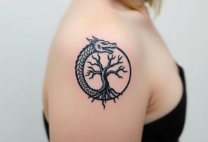 a dragon forming a circle with its body.  the dragon encircles the tree of life.  the dragon is eating the tree. the roots of the tree are strangling the dragon tattoo idea