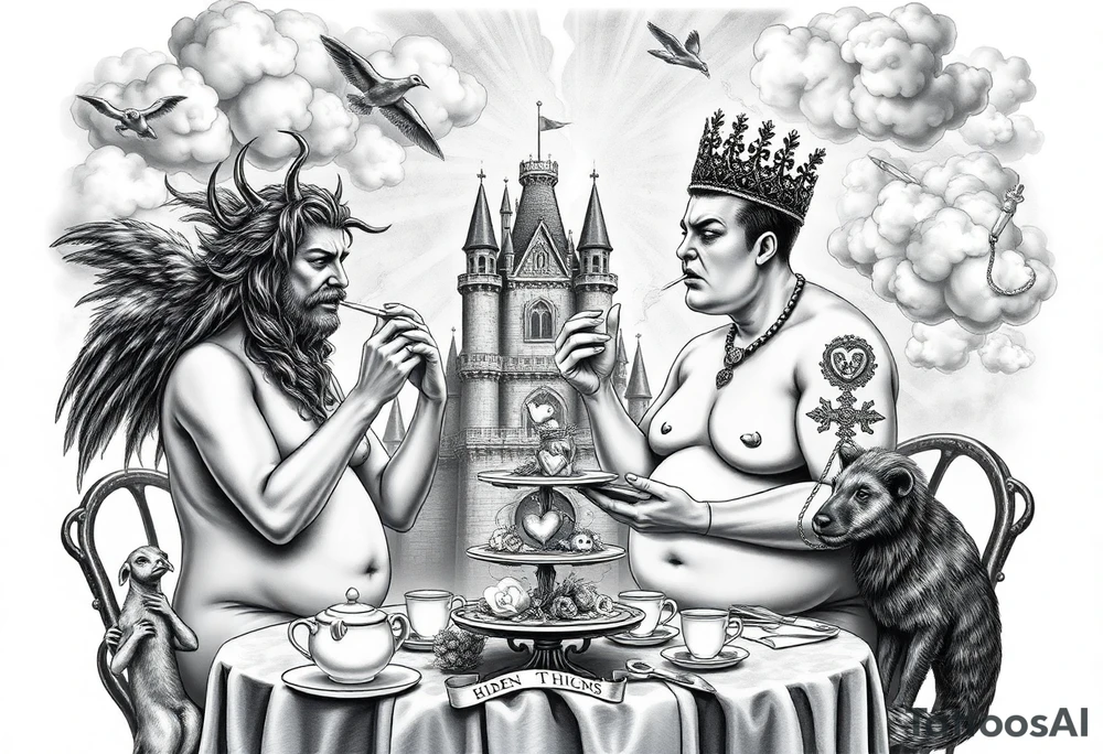 Mystical Naked Man and woman eating cake  having sex Storm lightening clouds gothic sexy naked fat lady having a tea party with tea pot and medieval castle
with a piggy, peacock, noose, lion, goat, smoking cigerettes looking in the mirror thru storm clouds with razor blades and broken hearts and darkness and wrath, envy , gluttony, greed, sloth, pride kill tattoo idea