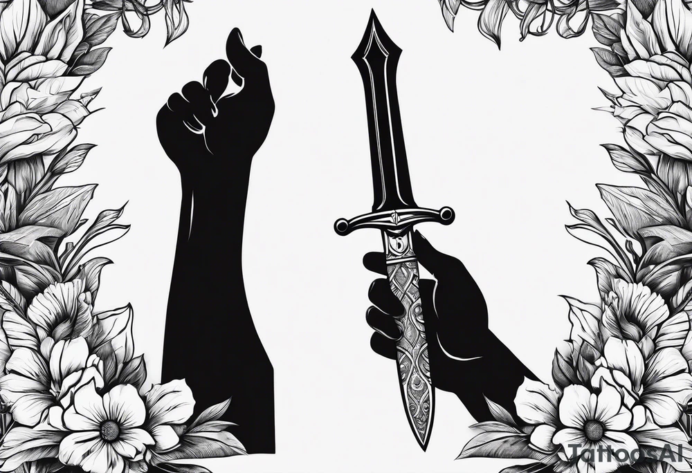 Hand holding dagger outline design no fill tattoo idea