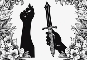 Hand holding dagger outline design no fill tattoo idea