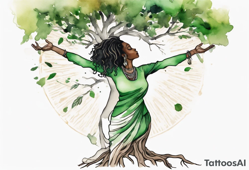 a tree trunk with roots that is a beautiful black woman from the waist up, arms reaching up to the sun, wearing a green tunic tattoo idea