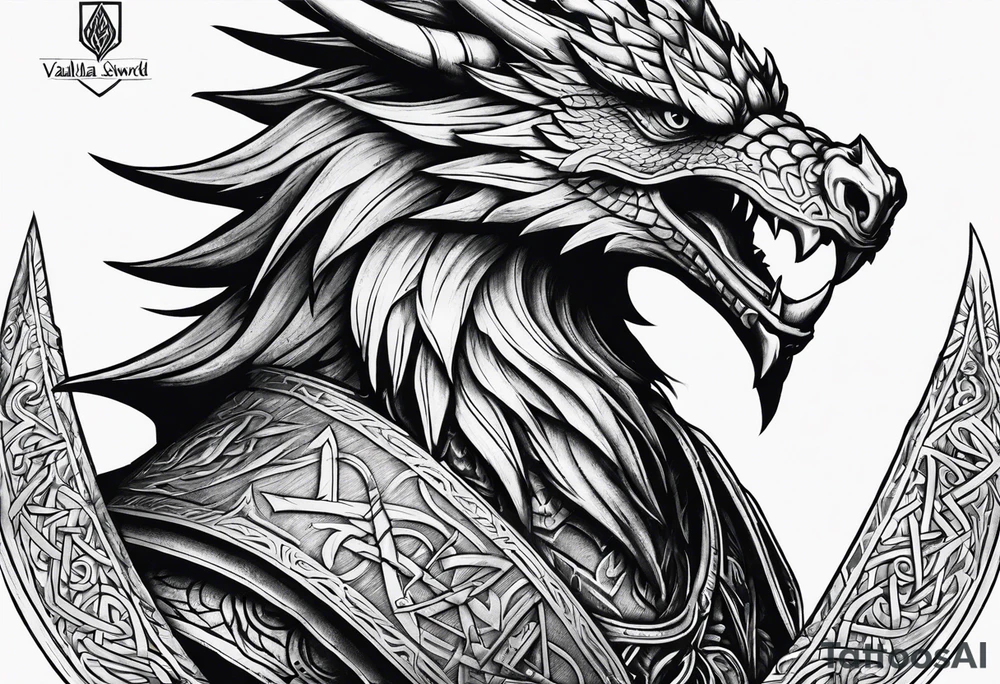 Valhalla sword shield dragon axe Valknut steps tattoo idea