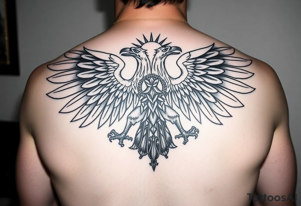 i am looking at getting a russian / serbian style double headed eagle like the coat of arms spread out on my back neck across my shoulders / traps in a orthodox christian church style setting with a sun beaming and in a mountainous setting tattoo idea