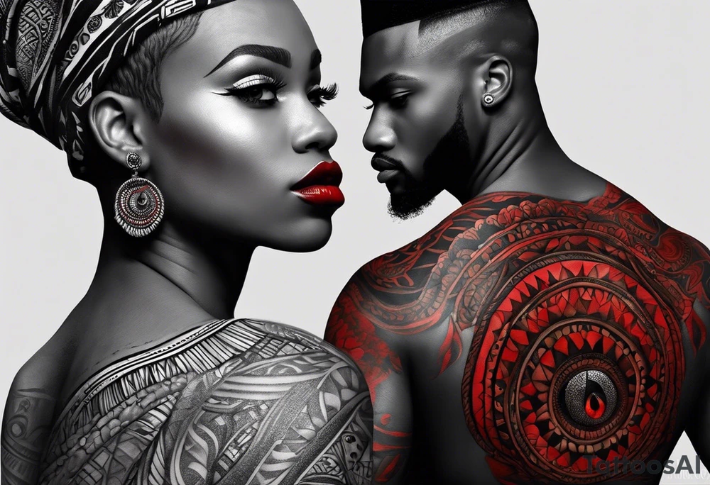 homem divindade africano realista em preto e cinza com os olhos brancos e fundo com tons de vermelho usando na mão um falo com cabaças penduradas tattoo idea