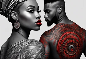 homem divindade africano realista em preto e cinza com os olhos brancos e fundo com tons de vermelho usando na mão um falo com cabaças penduradas tattoo idea