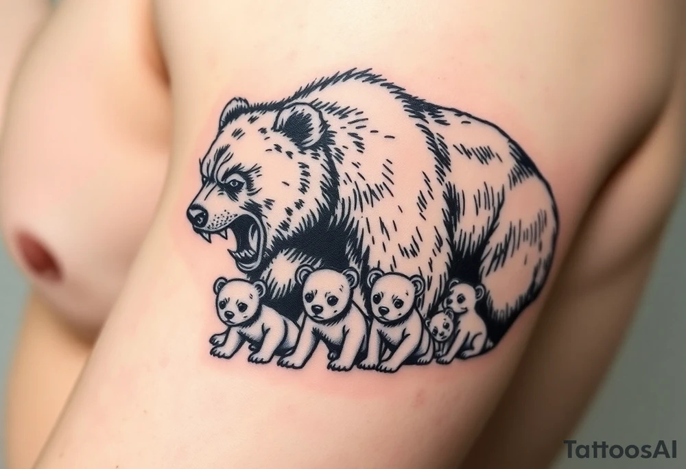 A detailed grizzly bear fiercely growling, looming over 4 cubs 3 girls and a boy. tattoo idea