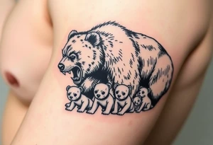 A detailed grizzly bear fiercely growling, looming over 4 cubs 3 girls and a boy. tattoo idea
