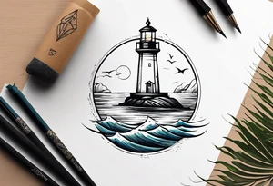 Farol no oceano em mar agitado bem delicado, e navio ao fundo tattoo idea