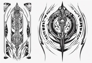 a neotribal spine tattoo that recreates the scene from the movie atlantis of kida floating up to the ancestral stones tattoo idea