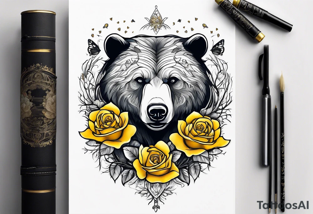 A bear sitting under the tree of life with three yellow roses, and three butterflies tattoo idea