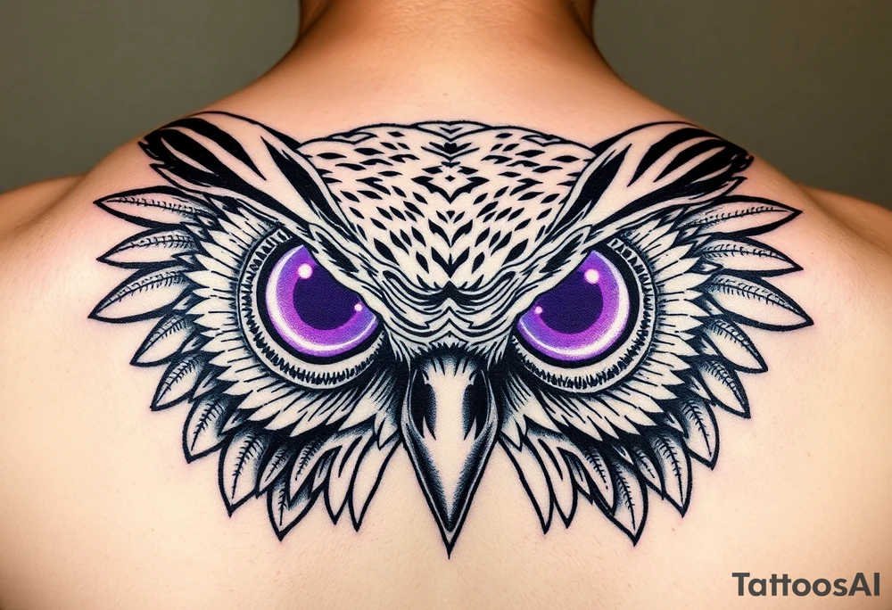 Cyber Owl head with large intense tripping purple eyes without pupils, tattoo idea