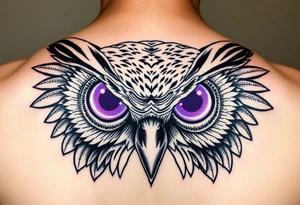 Cyber Owl head with large intense tripping purple eyes without pupils, tattoo idea