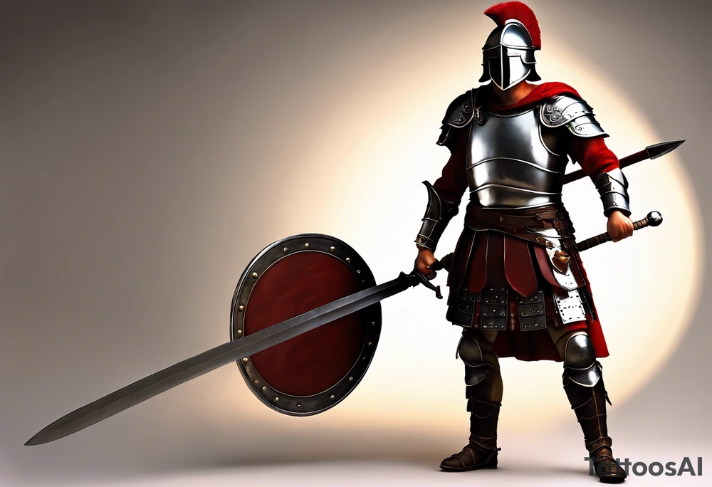 a high ranking roman soldier from AD 60, wearing armour which must include an armoured belt, breastplate, armoured shoes, shield, helmet and sword.
the soldier must look strong. the soldier is faceless. The image must include the full person, not just the top half. The soldier is mid-battle, fending off flaming arrows with his shield tattoo idea