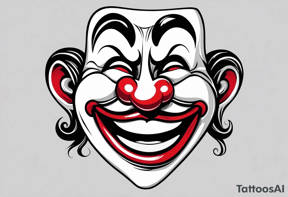 Comedy mask characterized by an exaggerated, happy expression has a smiling face with an upturned mouth, rounded eyes, and a clown nose. Tragedy mask has a somber and serious expression features a downturned mouth, furrowed brows, and deep-set, intense eyes with clone nose tattoo idea