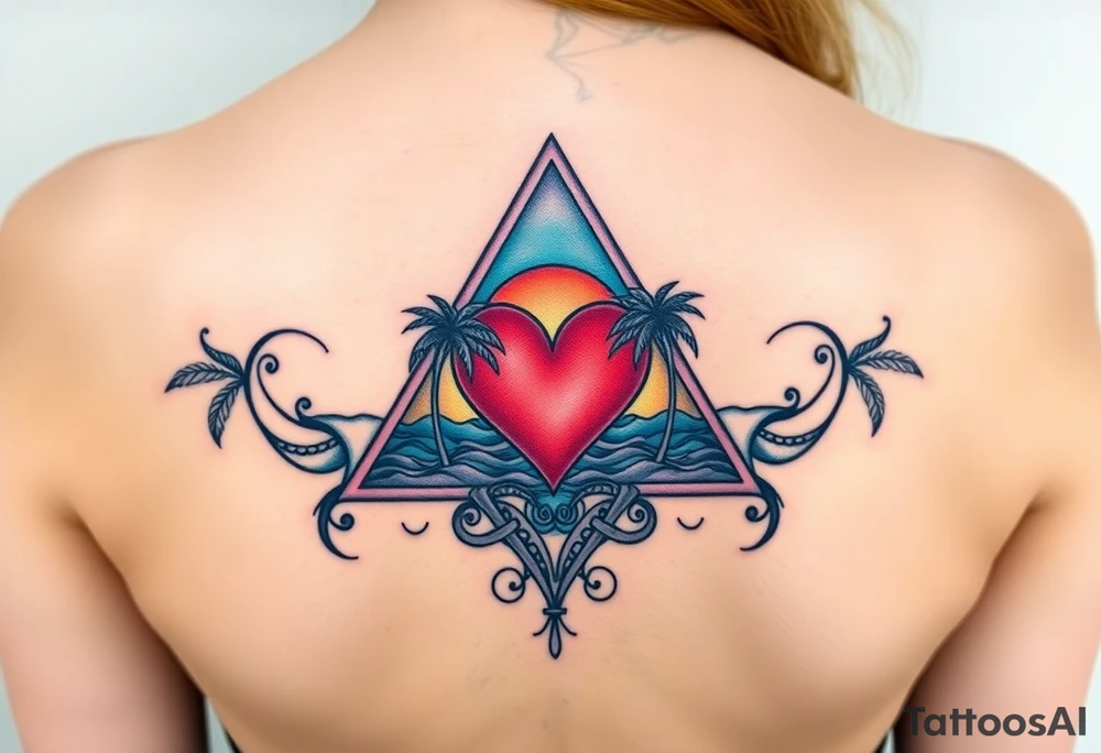 A triangle with a big heart in the center with an ocean theme and palm trees tattoo idea