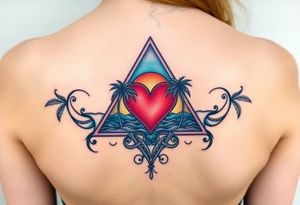 A triangle with a big heart in the center with an ocean theme and palm trees tattoo idea