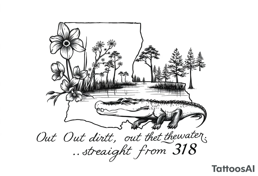 Louisiana state outline with fleur-de-lis, a bayou with a gator and trees , the 318 area code and and quote that says  Out the dirt, out the water, straight from 318 tattoo idea