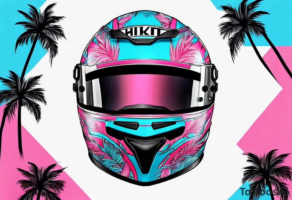 formula 1 helment with a palm tree and black light blue and pink colors tattoo idea