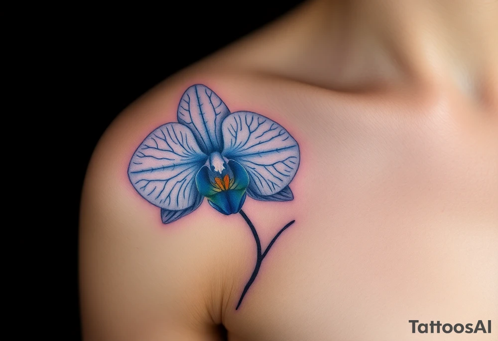 A detailed blue orchid with intricate petal veins, glowing softly against a dark background, evoking mystery and rarity tattoo idea