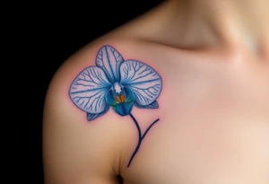 A detailed blue orchid with intricate petal veins, glowing softly against a dark background, evoking mystery and rarity tattoo idea