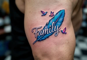 Family in a handwritten-style script, with a blue feather and soft pastel birds flying from it. tattoo idea