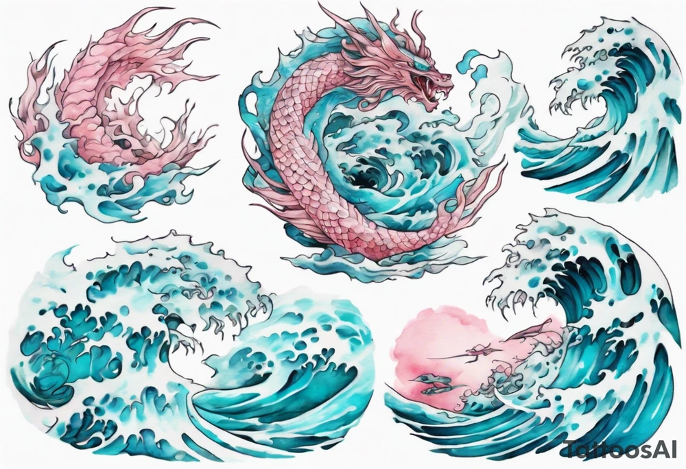 a beautiful turquoise and white and pink dagon rising from the blue waves of the ocean tattoo idea