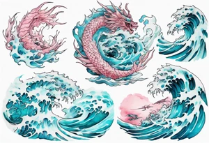 a beautiful turquoise and white and pink dagon rising from the blue waves of the ocean tattoo idea