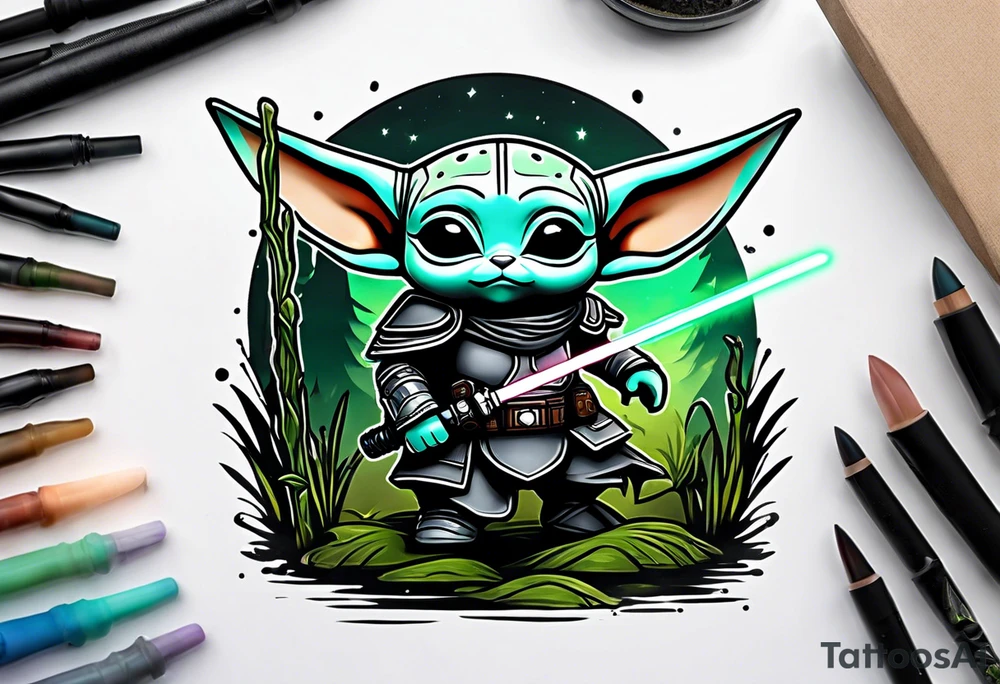 Baby Grogu wearing black mandalorian armor,  holding a black lightsaber in a swamp tattoo idea