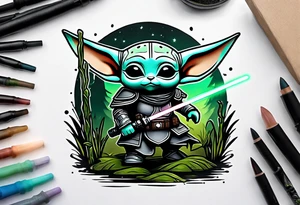 Baby Grogu wearing black mandalorian armor,  holding a black lightsaber in a swamp tattoo idea