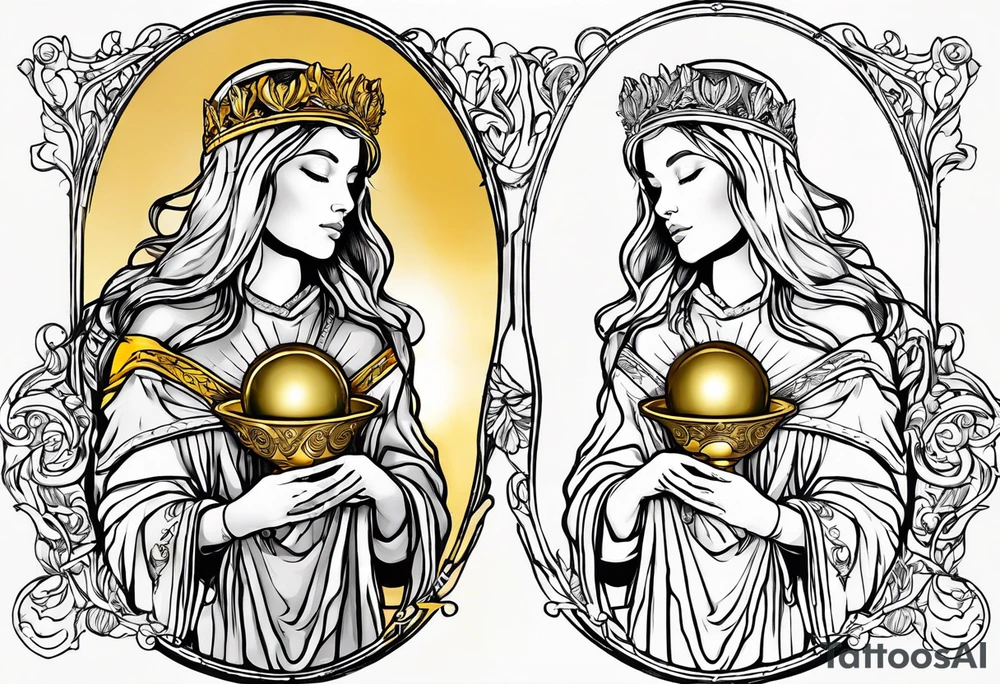 holy saint woman turned away with golden halo holding a chalice tattoo idea