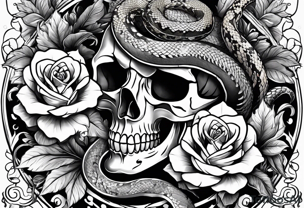 Snakes, skulls, and flowers tattoo idea