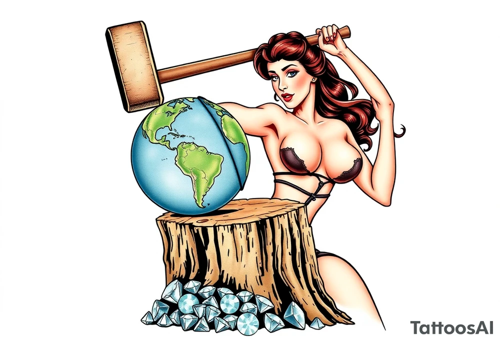 a very beautiful pin up girl, the pin up girl has her breasts nude with nipples exposed and in view, the pin up girl is wearing a g string, the pin up girl is swinging a large mallet overhead, the motion of swinging resembles an ax chopping wood, the mallet she is swinging is making contact with a earth globe, the earth globe is on top of a tree stump, the earth globe is half of the size of the diameter of the top surface of the tree stump, the earth globe is being squashed and compressed between the mallet and the trees stump, there is a pile of diamonds at the base of the tree stump, the idea is that the mallet is compressing the earth globe and the product is the diamonds that have fallen below, the idea is that the pin up girl if very beautiful, the idea is that pressure makes diamonds tattoo idea