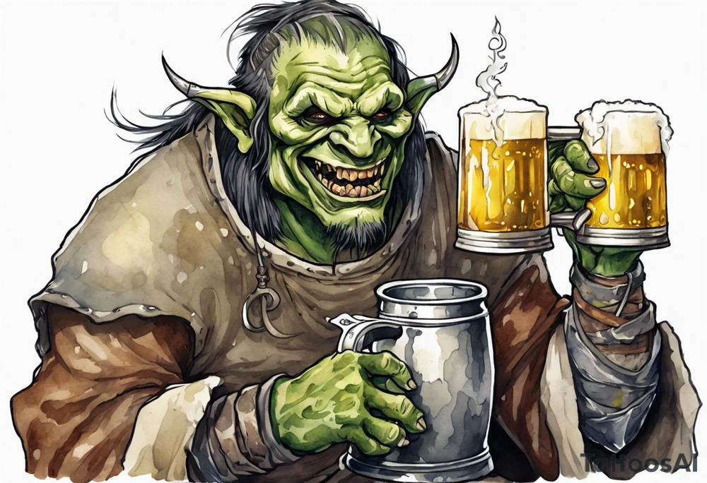a medieval orc wearing a tunic and drinking from a pewter mug of beer in a tavern, laughing tattoo idea