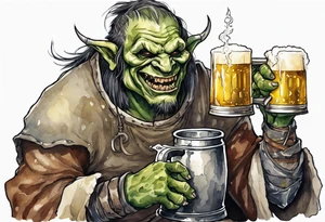 a medieval orc wearing a tunic and drinking from a pewter mug of beer in a tavern, laughing tattoo idea