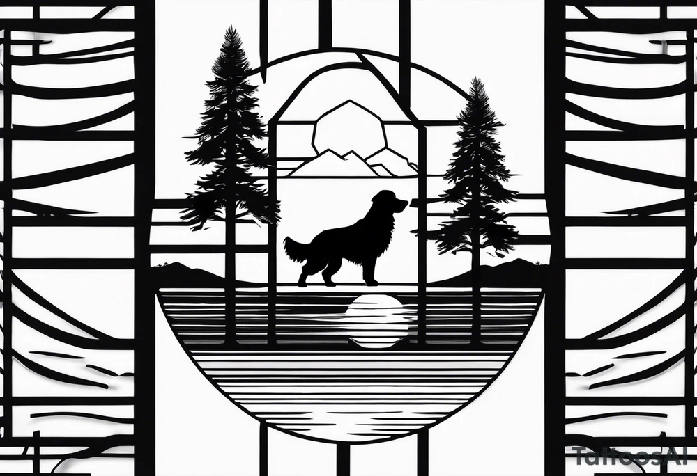 Outline of a dog paw print with a sunset with two pine trees and a golden retriever tattoo idea