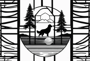 Outline of a dog paw print with a sunset with two pine trees and a golden retriever tattoo idea