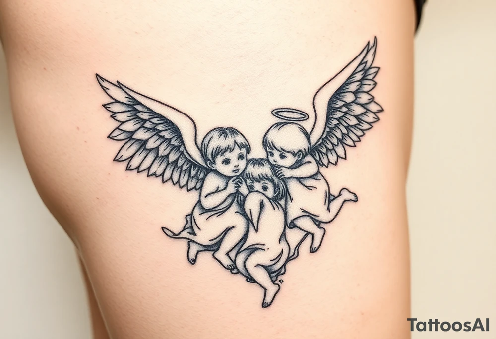 Tatoo down side to thigh, something with angels and kids tattoo idea