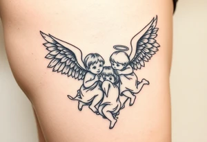 Tatoo down side to thigh, something with angels and kids tattoo idea