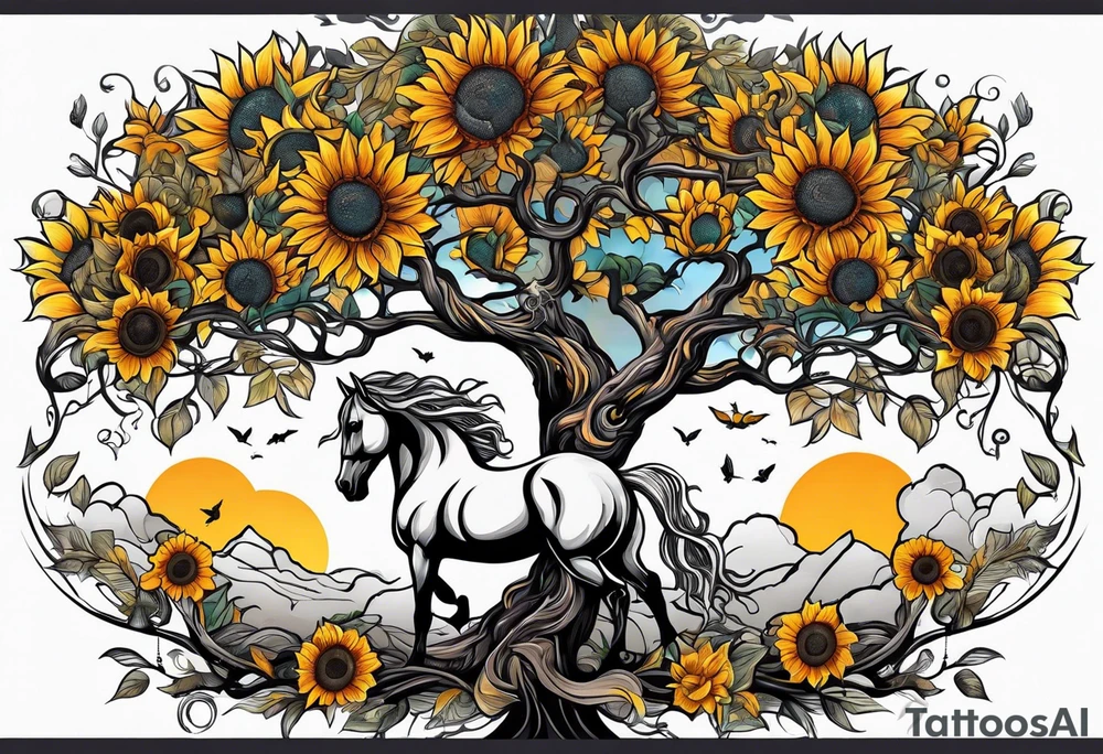 Yggdrasil tree, horse, sunflower tattoo idea